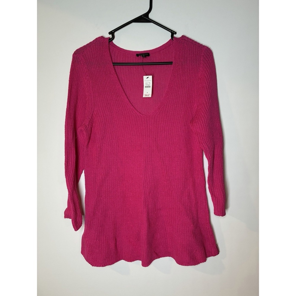 Talbots M Vibrant‎ Pink Ribbed 3/4 Sleeve sweater V Neck Thin Spring Career